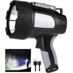 LBE Rechargeable Spotlight Outdoor, 90,000 Lumens Led Spotlight Flashlight with Cob Light and Foldable Tripod, 6 Modes Waterproof Handheld Spot Light for Outdoor Marine Boating Hnting