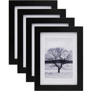 Egofine 5x7 Picture Frames Set of 4, Made of Solid Wood Covered by Plexiglass 3.5x5 and 4x6 with Mat or 5x7 without Mat, for Table Top Display and Wall Mounting Photo Frame White (Black)