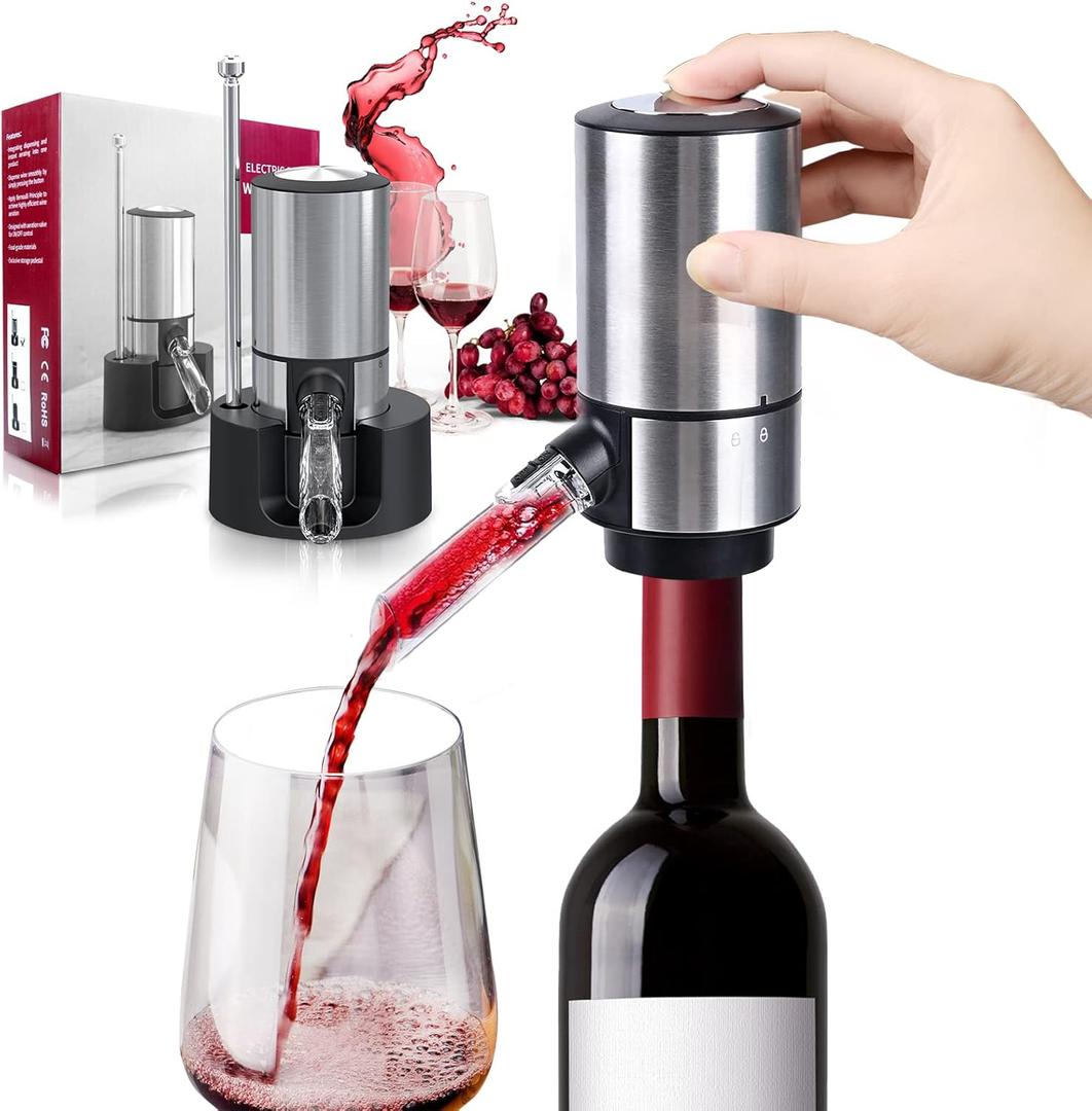 Wine GiftsWine Aerator PourerRocyis Electric Wine Dispenser, One Touch Smart Wine Decanter w/Storage Base & Retractable Tube (Battery Operated)
