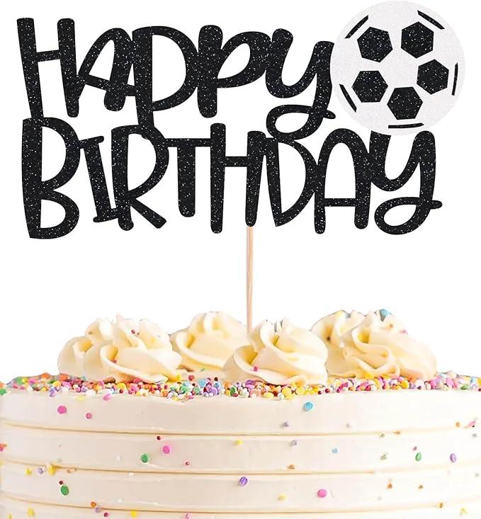 Soccer Happy Birthday Cake Topper - Black Glitter Soccer Party Decorations Supplies, Perfect for Birthday/Soccer Theme Party, Photo Booth Props