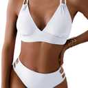 Fanuerg Women's Sexy V Neck Bikini Sets Hollow Out Two Piece Swimsuits Cutout Mid Waist Bathing Suit (Large, White)