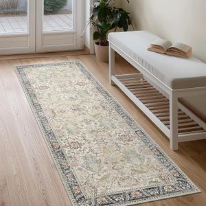Bavni Runner Rug, Machine Washable Rugs for Bedroom 2x5, Non Slip Boho Rugs with Rubber Backing, Ultra-Thin Folable Rug Runner for Hallways Bathroom, Ivory/Teal