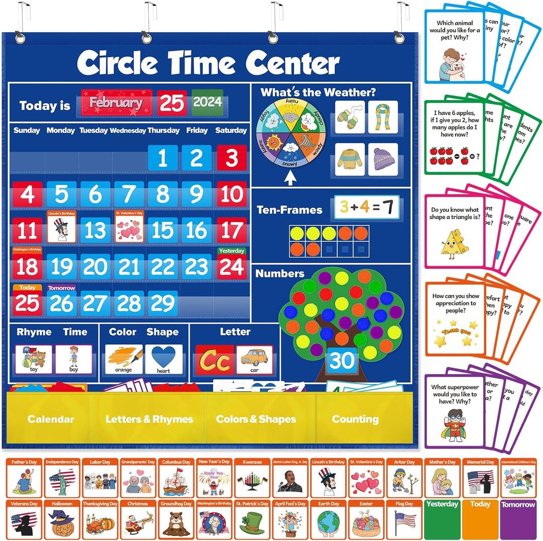 Circle Learning Time Center Pocket Chart Calendar Set, Educational Pocket Chart Learning Shape, Color Classroom Pocket Chart-Number Pocket Chart Wording Rhyme Pictures Pocket Chart