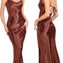 Atnlewhi Womens Spaghetti Strap Satin Silk Cowl Neck Backless Maxi Dress Tie Low Back Wedding Guest Cocktail Dresses XL, Brown