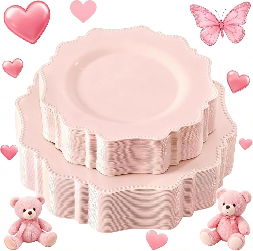 COLOSUS 60 Pack Pink Plastic Plates Set for 30 Guest,Pink Party Plates,Heavy Duty Pink Plates,include 30 Dinner plates& 30 Salad/Dessert plates for Party,Spring,Wedding,Birthday,Valentines,Easter Day