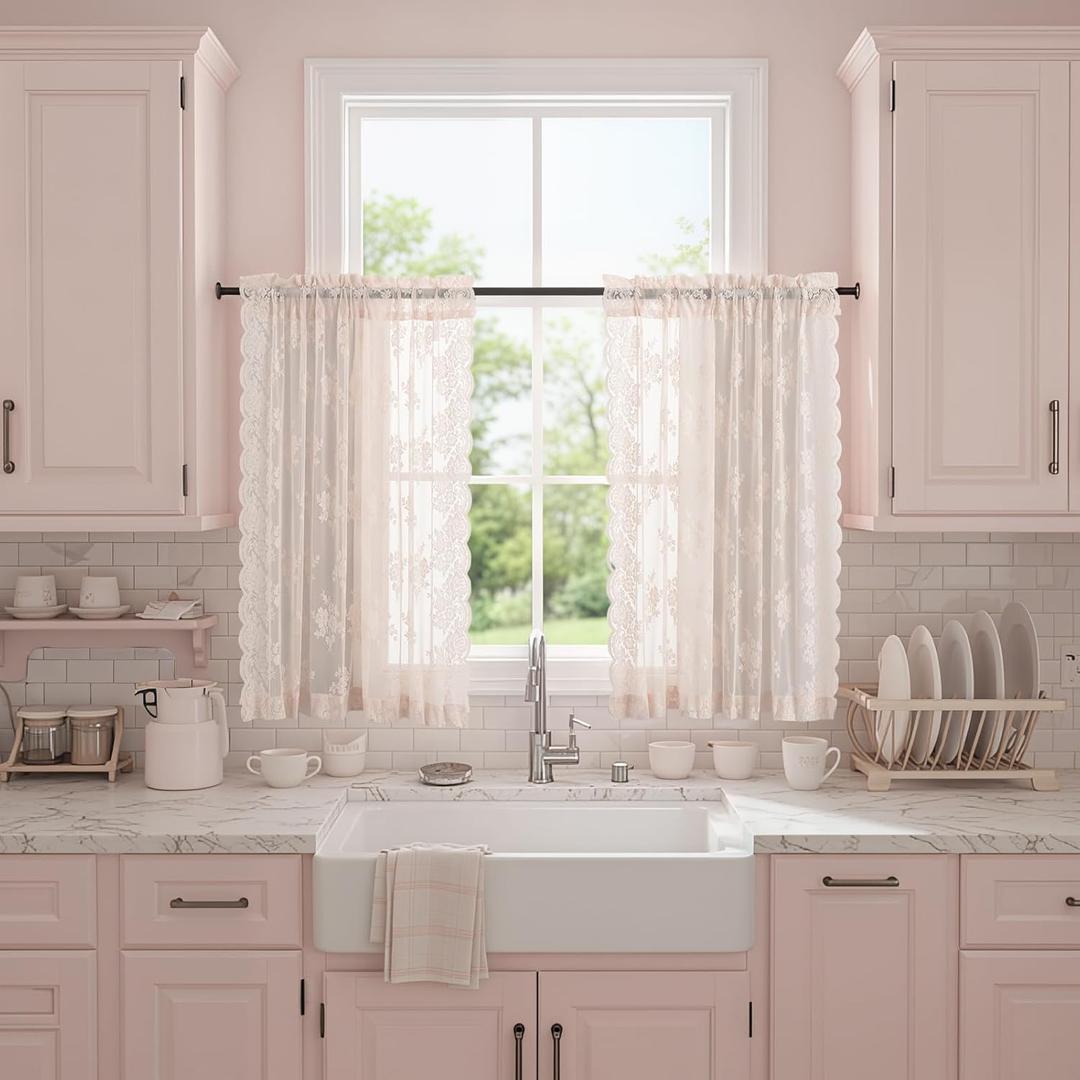 Blush Pink Lace Curtains 36 Inch Length, 2 Panels, W42 x L36 Inch Each, Country Rustic Floral Coquette Lace Cafe Curtains for Kitchen Window, Rod Pocket Privacy Short Sheer Curtain for Small Windows