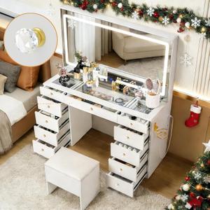 11 Drawers Glass Top Vanity Desk with Chair, Crystal Handles Makeup Vanity with Mirror and Lights, Dressing Table with Power Outlet, Adjustable Lighting Modes, White