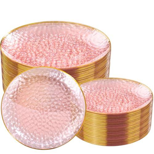 Rubtlamp 100Pcs Clear Pink Gold Plastic Plates, Pink Disposable Plates With Gold Rim, Hammered Plastic Plates Include 50 Clear Dessert Platos, 50 Dinner Platos for Party