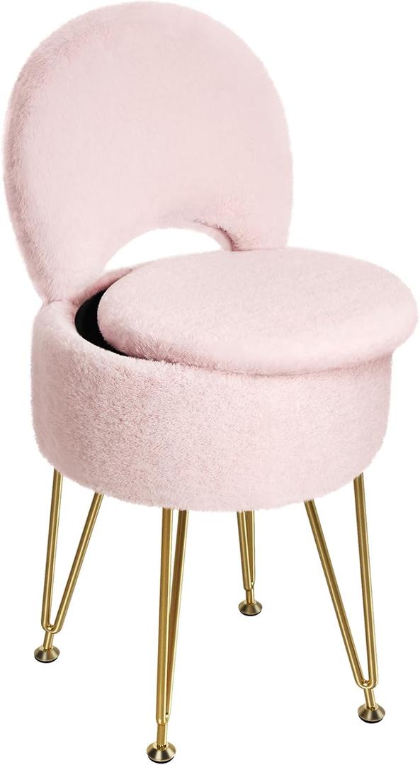 GREENSTELL Small Vanity Stool Chair with Storage and Folding Back, 13" x 13" x 17.7" Faux Fur Soft Ottoman for Teenager, 4 Metal Legs with AntiSlip Feet, Furry Padded Seat for Makeup, Bedroom, Pink