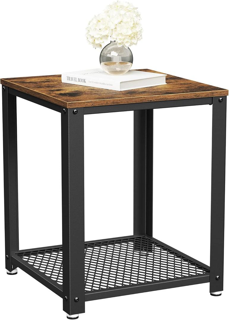 VASAGLE Side Table, 2-Tier Nightstand, End Table with Mesh Shelf, Steel Frame, Adjustable Feet, for Living Room, Bedroom, Industrial Style, Rustic Brown and Black ULET41X, 17.7 x 17.7 x 21.6 Inch
