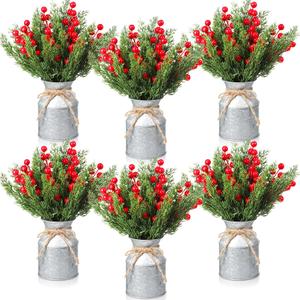 Tioncy 6 Sets Winter Centerpieces for Tables Artificial Winter Picks with Vase 120 Artificial Norfolk Pine Branch Faux Cedar Pine Stem and 90 Berry Stems for Winter Indoor Home Office Table