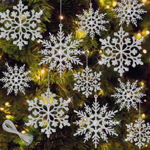 36Pcs Silver Glitter Snowflake Decorations Christmas Ornaments, Hanging Plastic Snow Flakes Ornaments with Silver Rope for Christmas Tree Decorations, Winter Wonderland Party Supplies