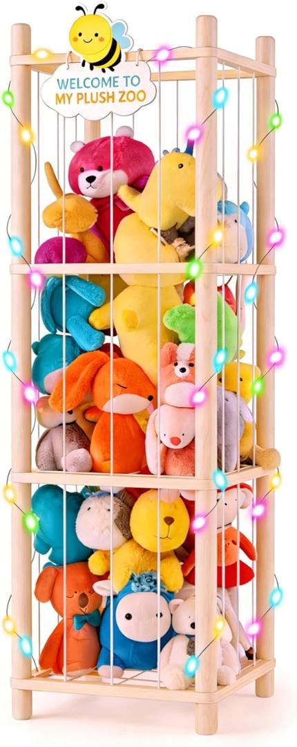 Stuffed Animal Storage Zoo Organizer Natural Pine Plushies Storage with Elastic Bands Vertical Wood Toy Holder Mesh Net Space Saving Design for Playroom Nursery Kids Bedroom (Wood Color Beeyellow Bee Board)