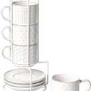LE TAUCI Stackable Cappuccino Cups 8 oz with Saucers and Stand, Ceramic Large Latte Cup for Au Lait, Cafe, Mocha,Tea, Dishwasher Oven Safe - Set of 4, Arctic white