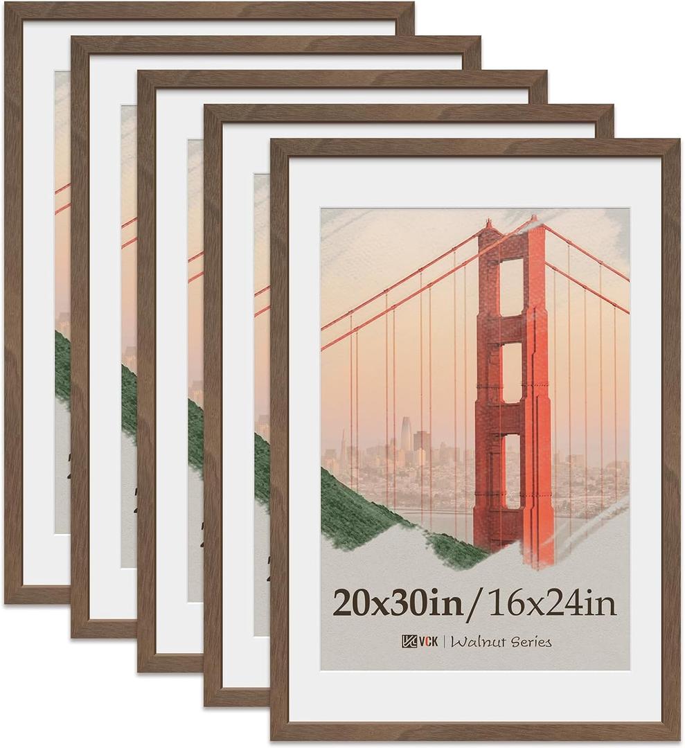 VCK 20x30 Poster Frame 5 Pack, Natural Wood Grain Brown Walnut, Display 16x24 Picture with Mat or 20x30 without Mat, Wall Hanging