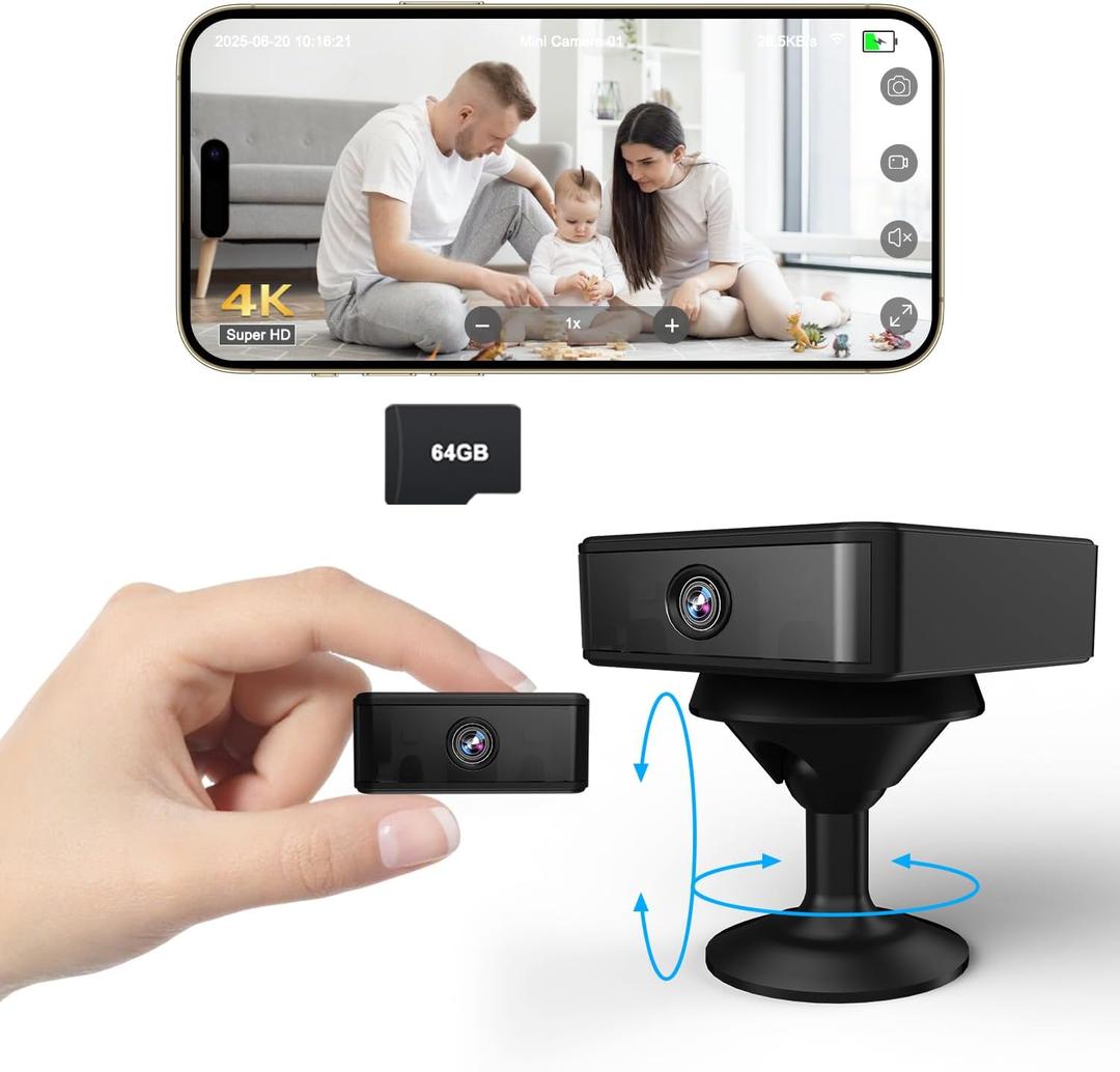 Mini Security Camera, Supports WiFi, AP Hotspot, or No-WiFi, 4K Hidden Camera with Built-in 64GB Memory Card, 940nm Night Vision, Magnetic Mount, Small Cameras for Home, Pet, Indoor, Outdoor