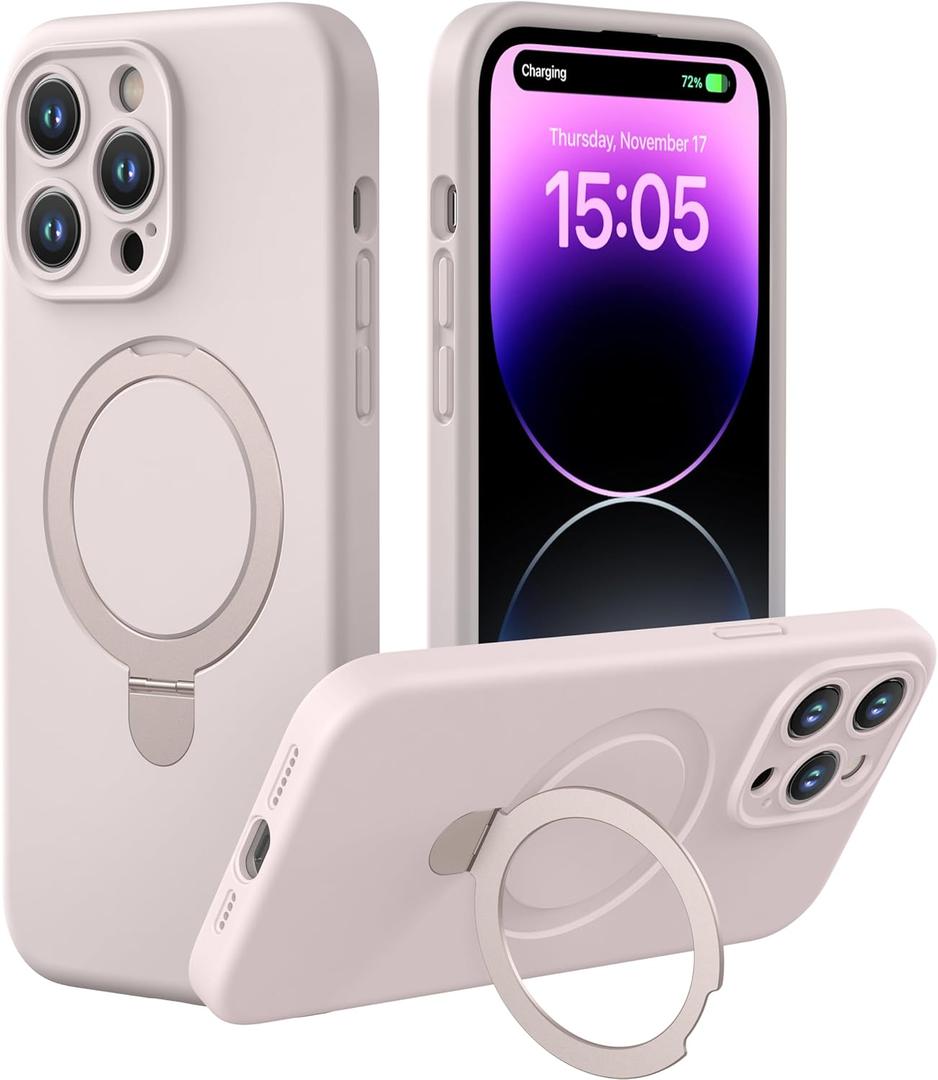 CellEver Strong Magnetic Case for iPhone 14 Pro Max [for MagSafe Charging] [Camera Protection] Heavy-Duty Protection, Soft Grip Silicone Cover with Kickstand, Chalk Pink
