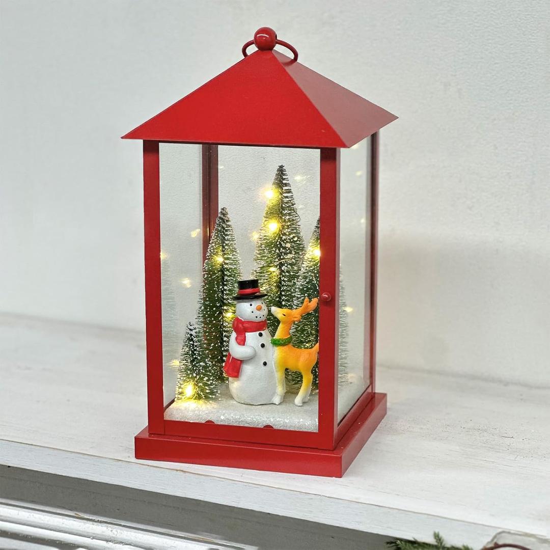 Scenic Lighted Christmas Lanterns, 11 Tall Square Red Lantern Battery Operated Built-in Timer with PS Panels