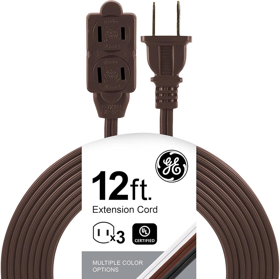 GE 3 - Extension Cord with Multiple Outlets 12 Ft Power Strip 2 Prong 16 Gauge Twist-to-Close Safety Covers Outdoor Extender UL Listed Brown 51952