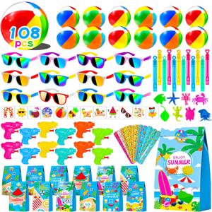108Pcs Pool Party Favors and Beach Toys for Kids 3-8 8-12, Party Bag Stuffers Set with Beach Balls, Sunglasses, Bubble Wands, More for Pool Games Birthday Party Favors End of Year Student Gifts
