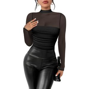 Women's Sexy Bodysuit for Outfits: Mock Turtle Neck Long Sleeve Body Suit - Mesh Sheer Ruched Going Out Bodysuits (Black, M)