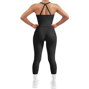 SUUKSESS Women 2 Piece Workout Sets Compression Tummy Control Leggings with Pockets Halter Built in Bra Tank Tops (Black, L)