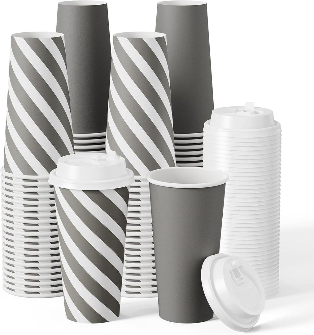 JOLLY CHEF 100 Pack 20 oz Disposable Coffee Cup with Lids, Printed Hot Paper Coffee Cups for Home, Business, Restaurant (Stripes and Grey)