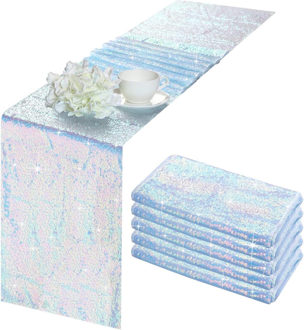 5 Packs Iridescent Sequin Table Runner Set 12 x 108 Inch Rectangle Glitter Table Runner for Birthday Wedding Party Supplies Catering Event Baby Shower Celebration Decorations (Blue Purple)
