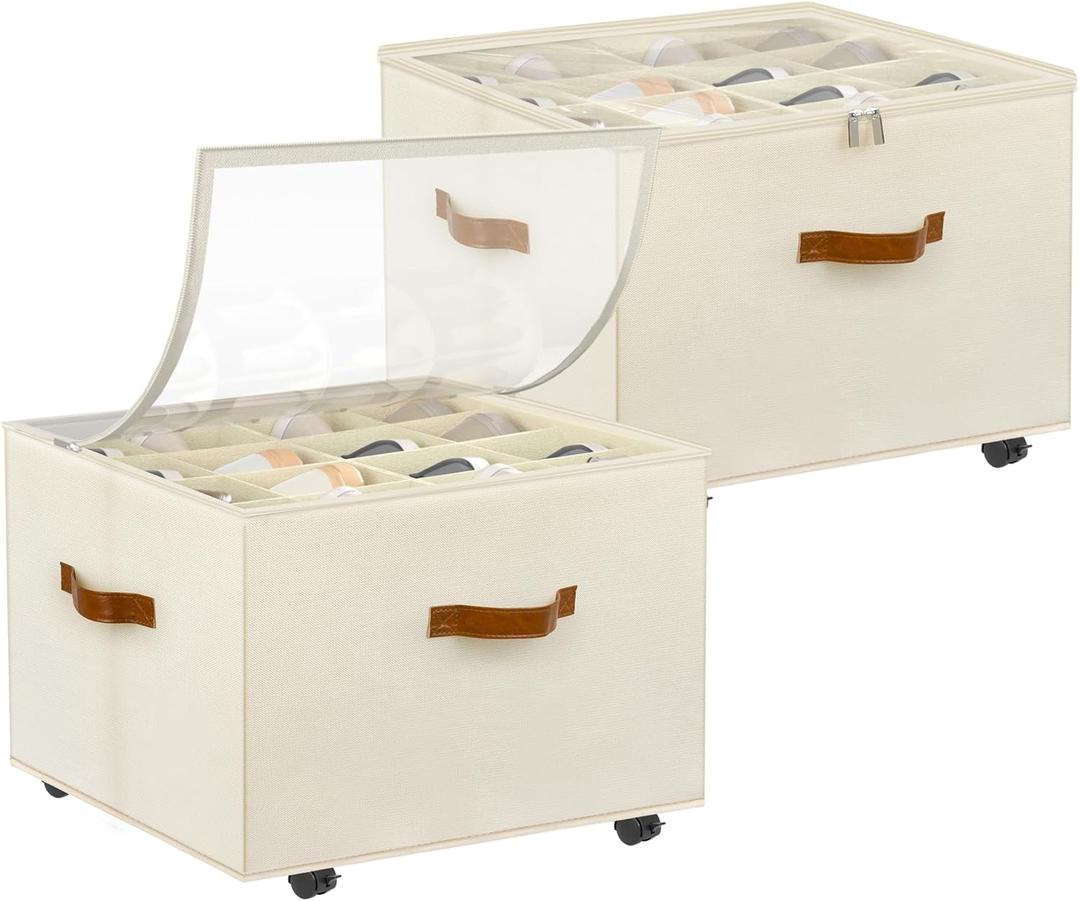 Shoe Organizer for Closet, 2 Pack Shoe Storage Organizer with Wheels and Adjustable Dividers, Stackable Shoe Storage Box with Clear Cover, Foldable Closet Shoe Organizer Fits up to 16-32 Pairs, Beige