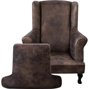 Leather Look Wingback Chair Covers, 2-Piece Wing Chair slipcover, Stretch Wing Back Armchair Slipcovers with Elastic Bottom, Soft Spandex Furniture Protector for Living Room, Brown