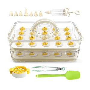 Lignumix Egg Holder for Fridge,Deviled Egg Containers with Lid & Handle (2 Layer Snap-on) PET Thickened Eggs Organizer Inc Egg Slicer,Kitchen Tongs,Silicone Spatula,Piping Decorating Kit