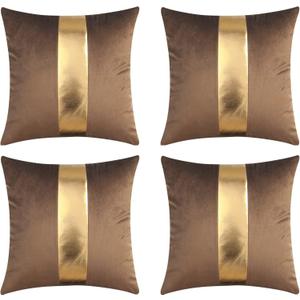 Gyulin Pack of 4,18x18 Inch Velvet Throw Pillow Covers with Gold Leather Striped Patchwork Stitching Luxury Modern Minimalist Square Pillowcase Cushion Covers for Bedroom Sofa Couch Living Room,Brown