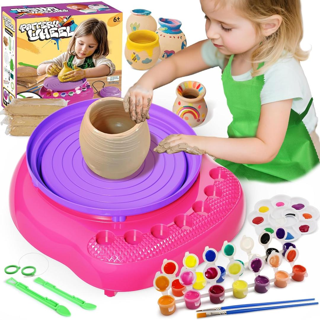 Vinkp Pottery Wheel for Kids - Complete Pottery Painting Kit Arts and Crafts for Kids Ages 8-12 with Air Clay Art Supplies for Girls Boys Toys Birthday Christmas Gifts for 6 7 8 9 10 11 12 - Pink