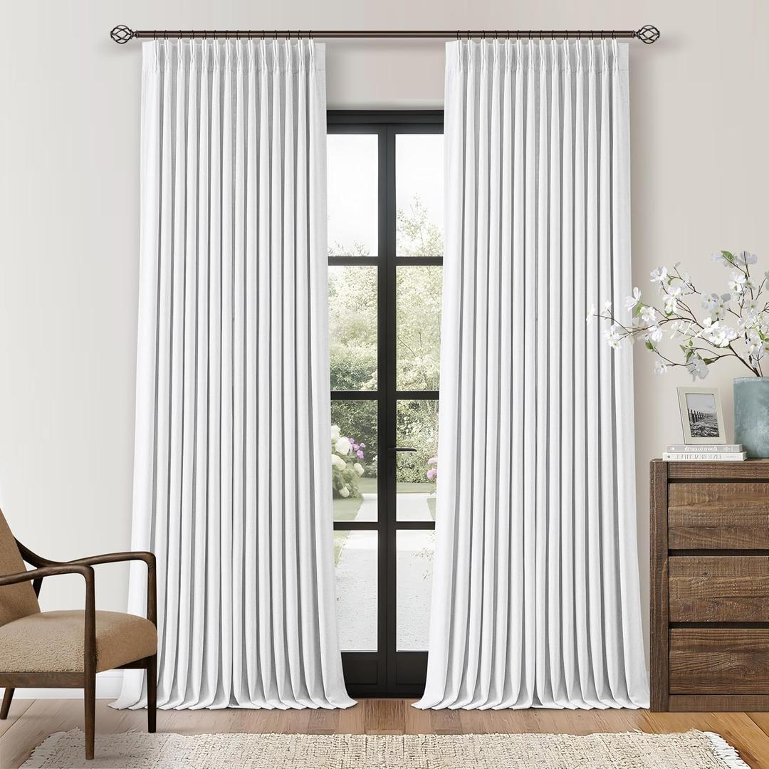 White Linen Blackout Pleated Curtains 90 Inches Long for Living Room Darkening Pinch Pleat 100% Black Out Drapes Thermal Insulated Soundproof Pure White 90 Inch Curtain Panel for Dining Bedroom (40"W x 90"L (Pack of 2))