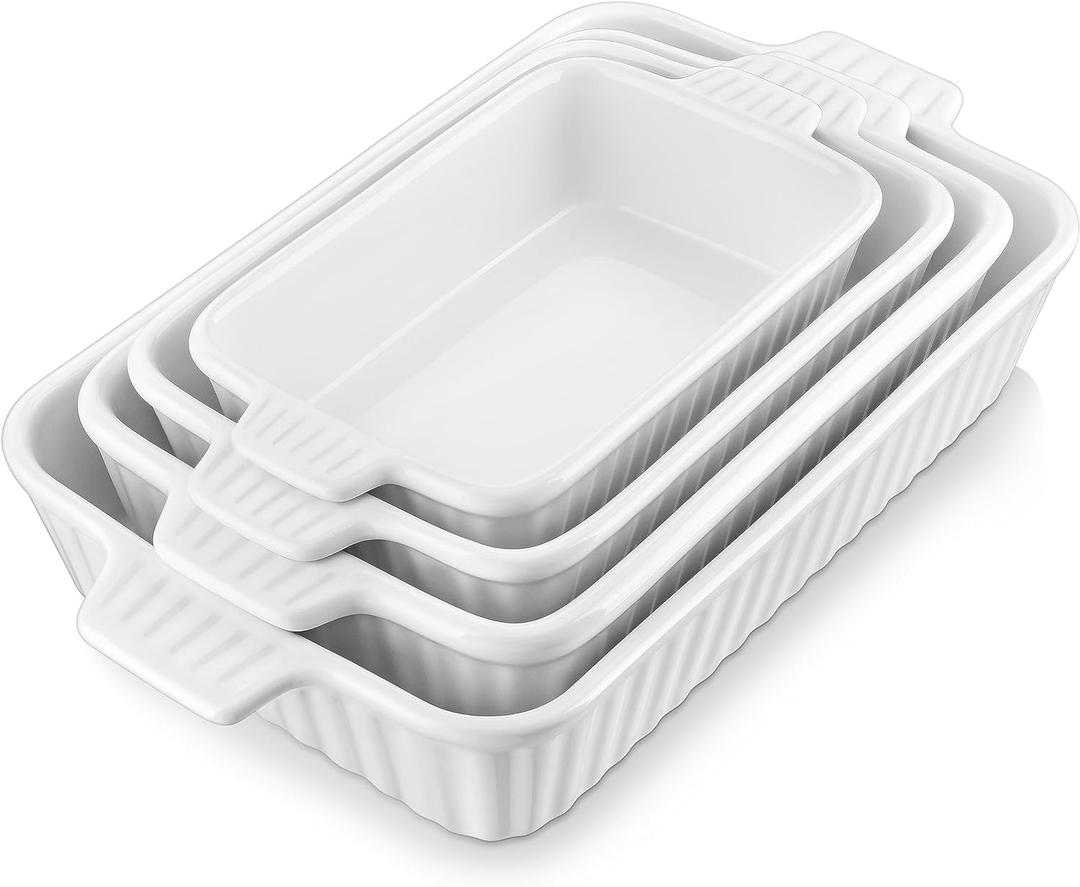 MALACASA Casserole Dishes for Oven, Porcelain Baking Dishes, Ceramic Bakeware Sets of 4, Rectangular Lasagna Pans Deep with Handles for Baking Cake Kitchen, White (9.4"/11.1"/12.2"/14.7"), Series (Set of 4-Rectangular, White)