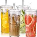DWTS DANWEITESI Glass Cups with Lids and Straws 4 Pcs,20oz Glasses Drinking Set Vintage Textured Clear Iced Coffee Cups with Lids,Reusable Glass Tumbler with Straw and Lid for Coffee Bar Accessories