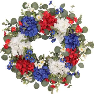 22 Inch Patriotic Hydrangea Wreath for Front Door Decor, UV Resistant Red White and Blue Artificial Floral, Waterproof Summer Porch Display & 4th of July Americana Wreath