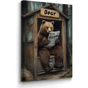 BJYCHG Bear Canvas Wall Art Rustic Bear in Outhouse Picture for Bathroom Animal on Toilet Prints Forest Wildlife Painting Farmhouse Cabin Bathroom Decor Framed (Brown, 24L x 16W)