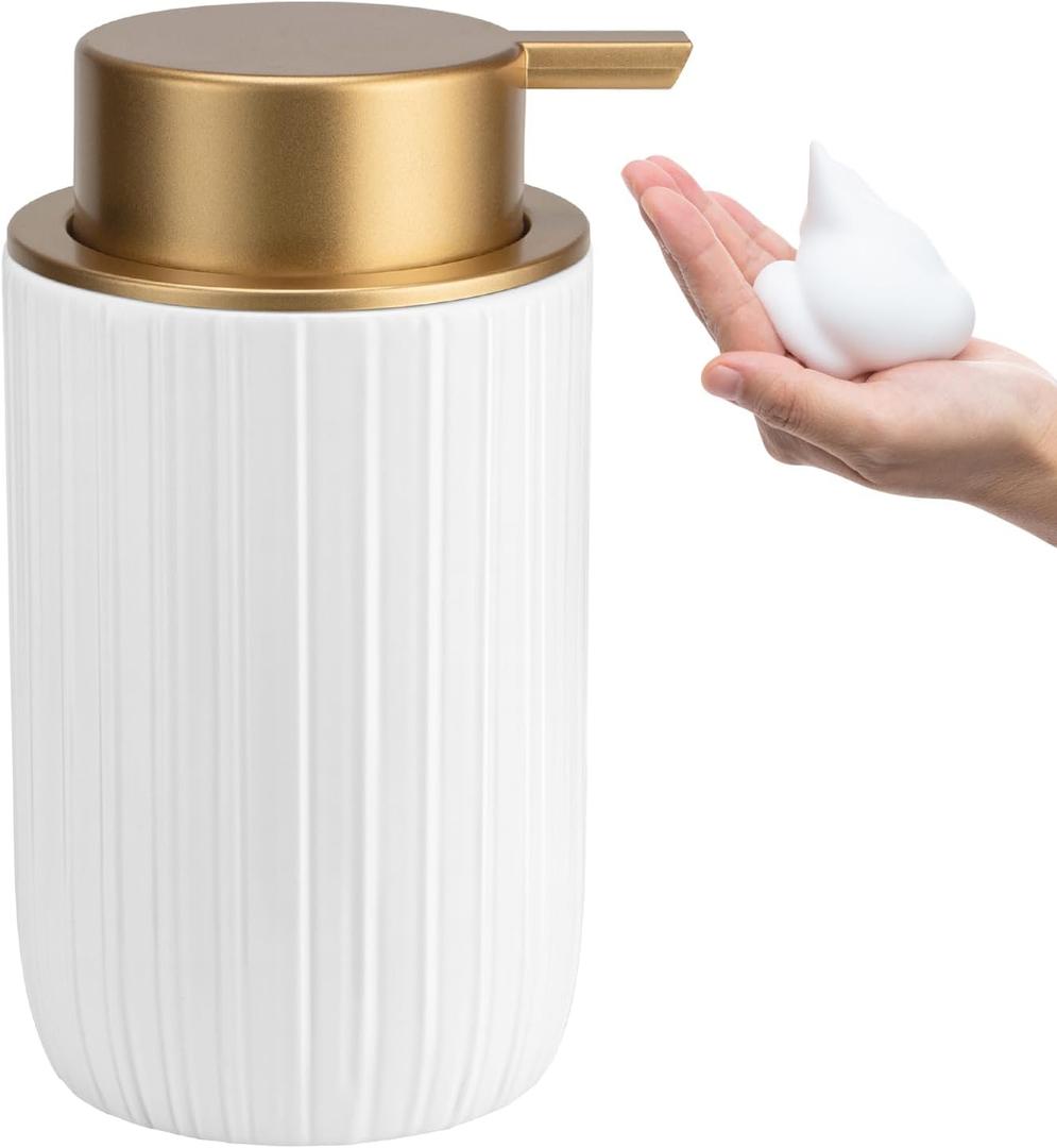 Soap Foaming Dispenser Ceramic with Easy-to-Press Pump Hand Foam Dispenser for Shampoo Bathroom Countertop 13.5 oz (Foam-retro-goldwhite)