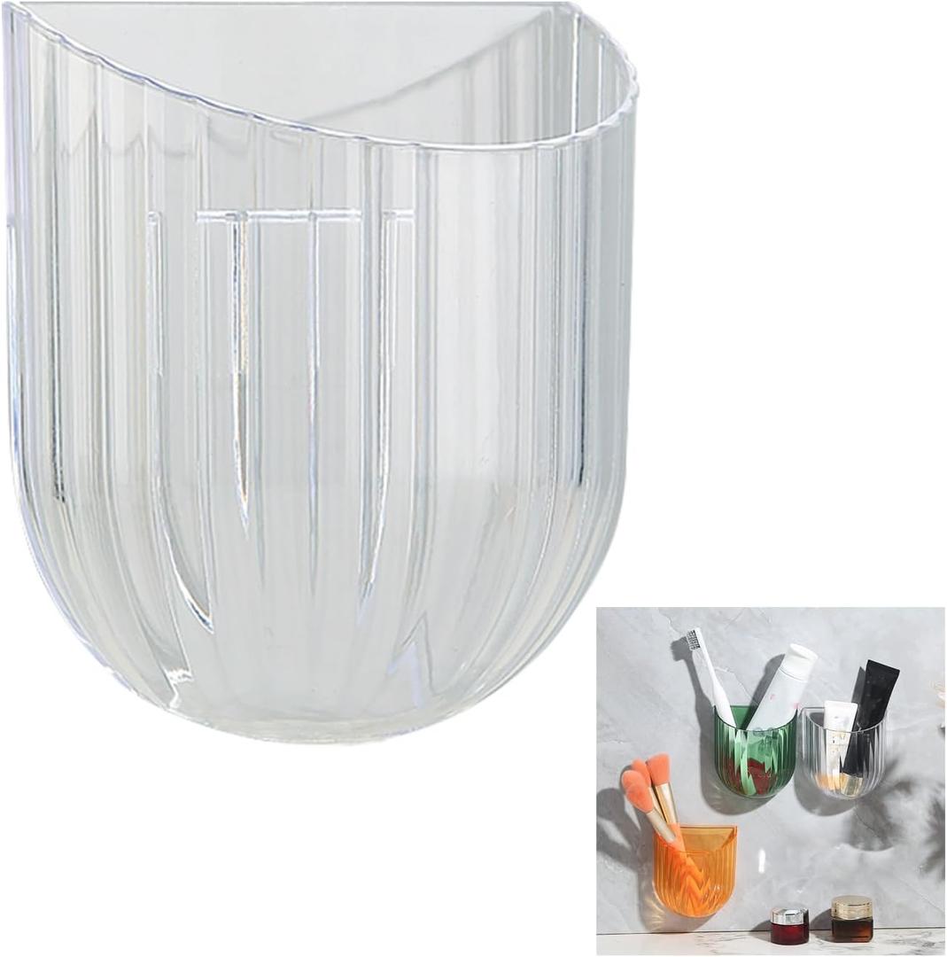 Wall Mounted Storage Holder, Transparent PS Plastic, Clear transparent white, 3.9x3.5x1.9 Inch, Adhesive Organizer for Cosmetics, Phone, Remote (White)
