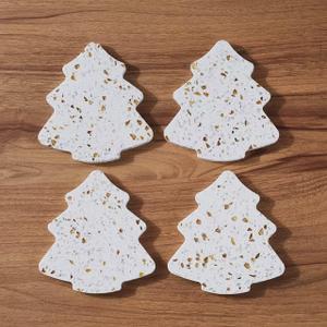 Christmas Tree Shaped Coasters Set of 4, Heavy Duty Marble Drink Coasters for Coffee TableWhite Stone Round Cup Coasters, Unique Christma Home Bar Essentials&Decor