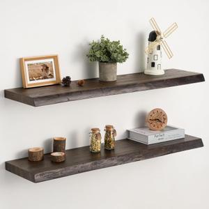 Floating Shelves Set of 2, Solid Elm Wood Wall Shelves 32 Inch - Invisible Bracket Mount for Living Room, Bedroom, Kitchen, Bathroom - Brown Elm