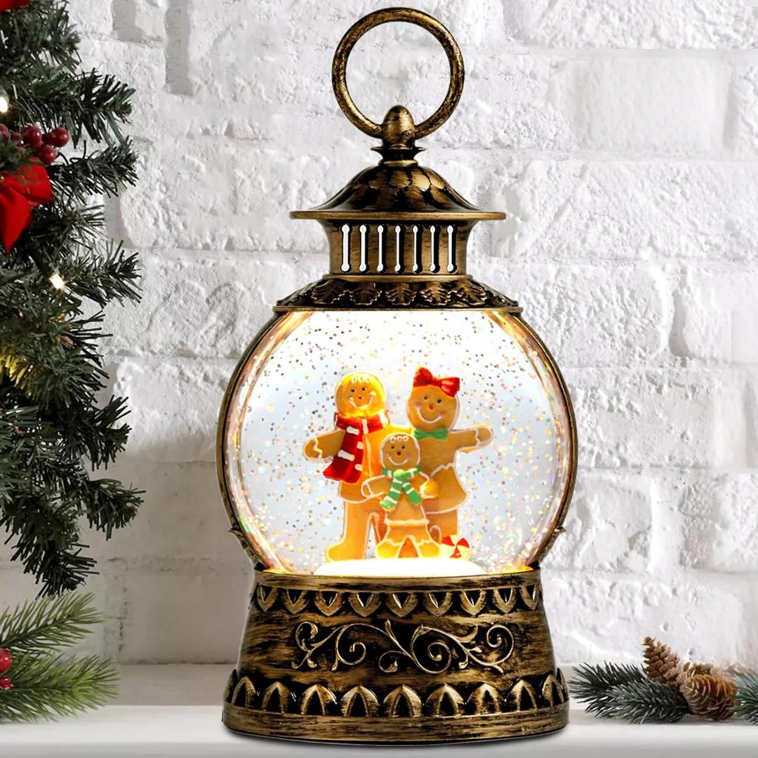 Christmas Snow Globe,Gingerbread Man Musical Snow Globe Lantern Lights with 6H Timer Battery & USB Powered, Retro Style Holiday Glitter Globe for Xmas Home Decoration Holiday Party Gifts (Xty-jbr)