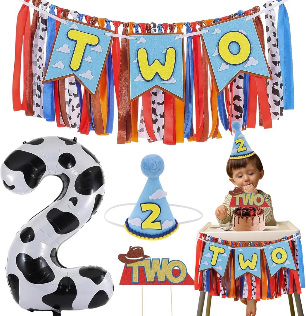 Cartoon Toy Highchair Banner for 2nd Birthday Party Decorations Two Infinity and Beyond High Chair Tassel Banner for Boys 2 Years Old Western Cowboy 2 Birthday Photo Props Backdrop Decorations