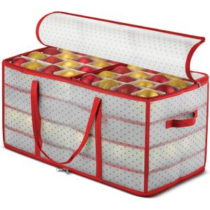 ZOBER Christmas Ornament Storage Box - Stores 128 Ornaments W/ 2 Sided Zipper - Flexible Plastic Christmas Ornament Storage Containers - 3 Inch Cube Compartments - Red