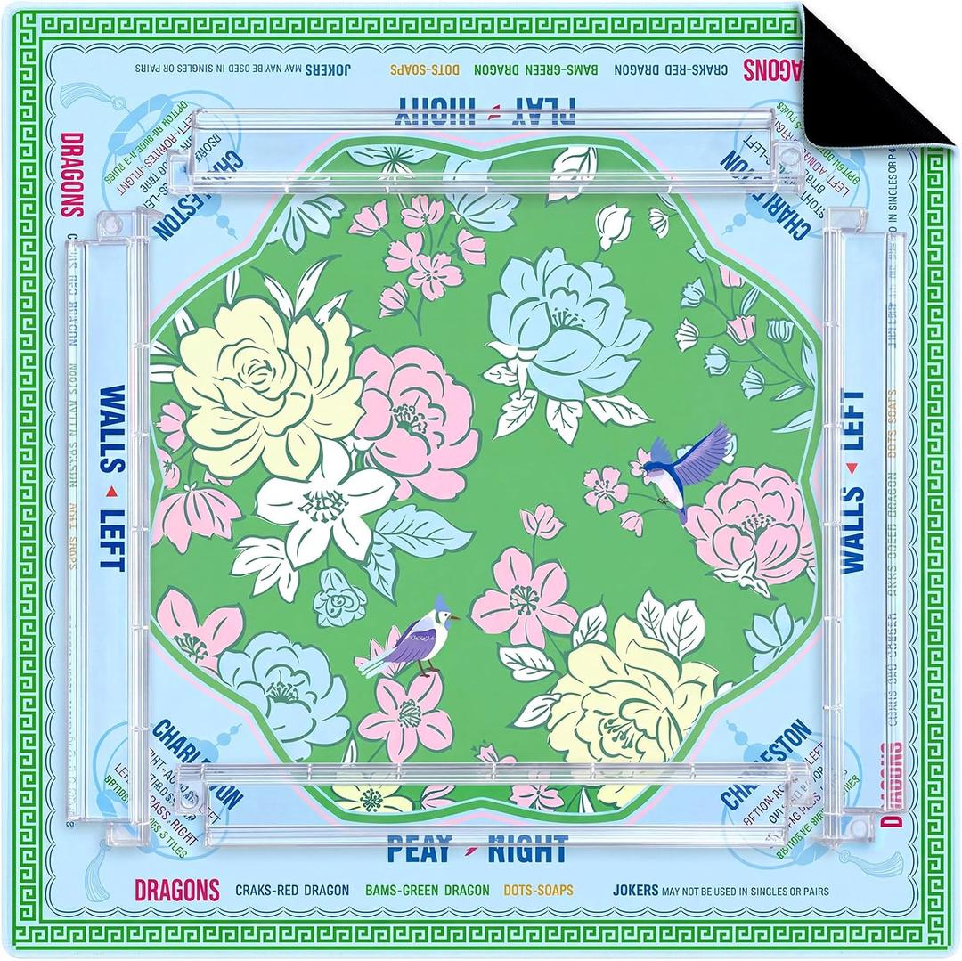 31.5" Green Floral Mahjong Mat Set and 4 Rack with Pushers