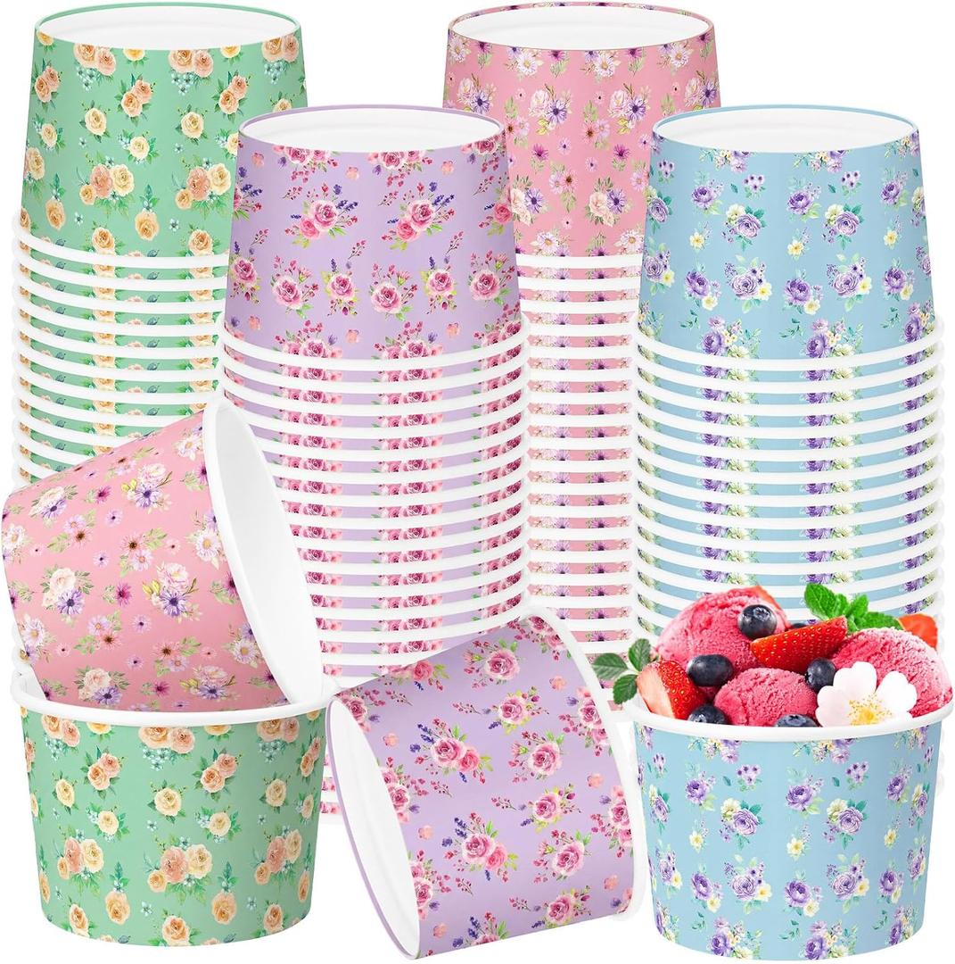 Pickmesh 80 Pcs Floral Paper Ice Cream Cups 9 oz Spring Summer Floral Disposable Dessert Bowls Snack Soup Paper Cups Birthday Wedding Baby Shower Tea Party Supplies for Hot or Cold Food