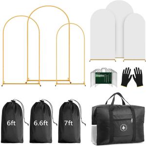Arch Backdrop Stand and Cover Set (7.2ft,6.6ft,6ft) Metal Arch Frame Stand Gold, Wedding Birthday Party Baby Shower Graduation (White, 7.2Ft+6.6Ft+6Ft)