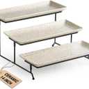 LAUCHUH 3 Tier Serving Trays for Party, 14 inch Porcelain Tiered Tray Stand Serving Platter with Collapsible Sturdier Rack Serving Dishes for Father's Day Entertaining, Speckled Glaze