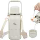 Insulated Water Bottle with Handle and Strap,Vacuum Travel Tumbler with Cup Lid,Thermo Coffee Cup for Hot Cold Drinks 27 OZ,Beige